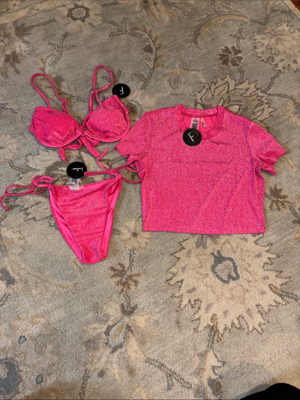 Lulu's Hot Pink Shimmer 3-Piece Bikini Set with Crop Top